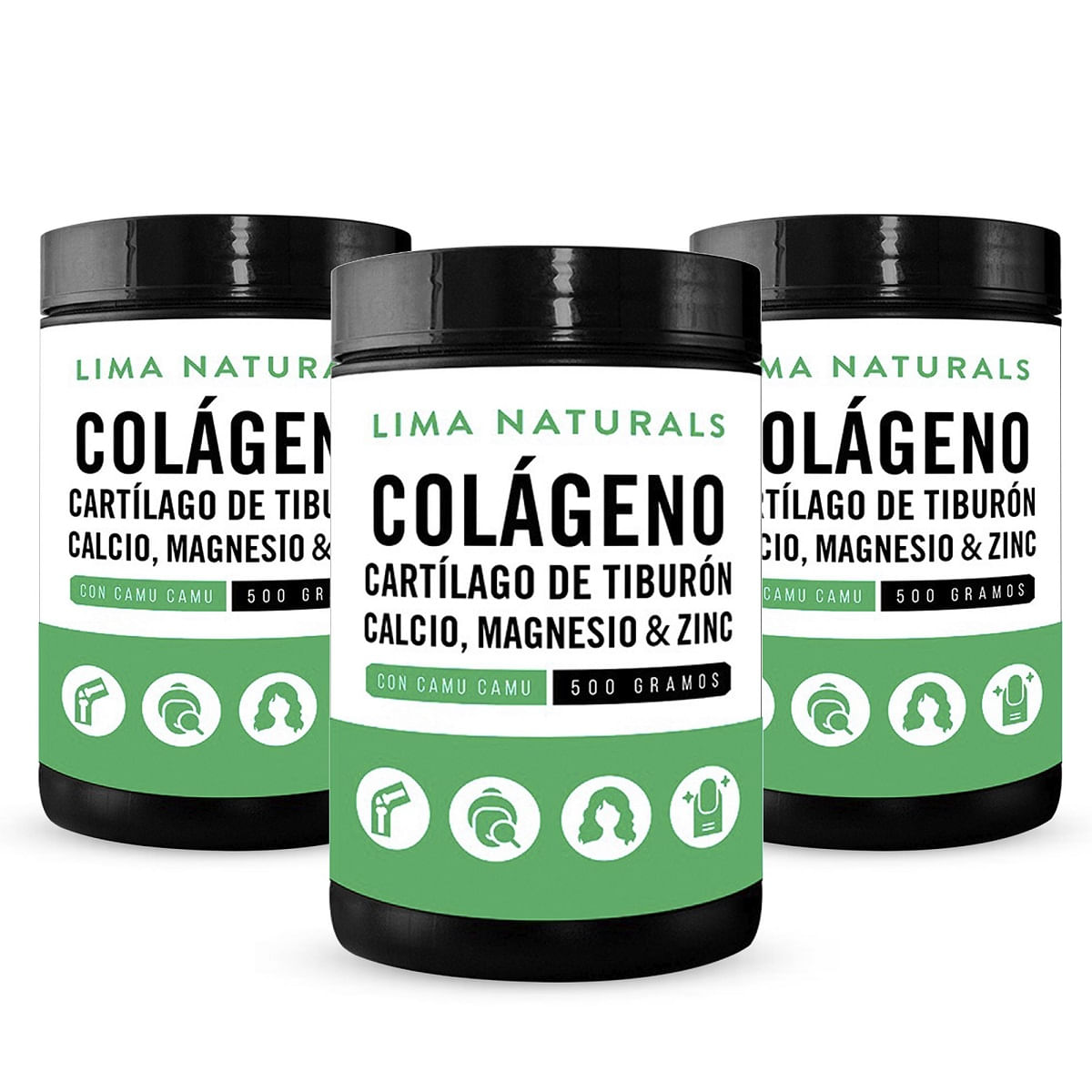 Colageno Hidrolizado, Cartilago de Tiburon, Calcio, Magnesio & Zinc Lima Naturals 500 g Pack x 3