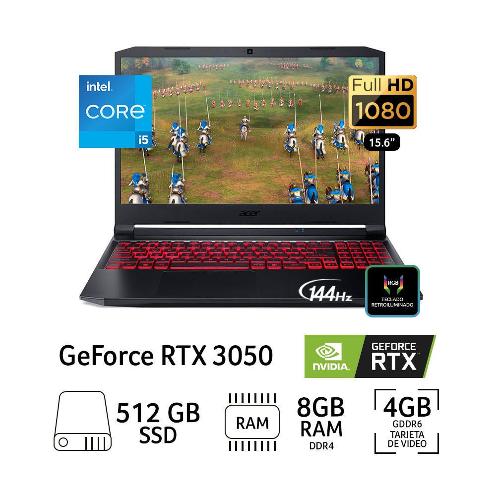 Laptop Gamer Acer Nitro 5 AN515-57-5323 Intel Core i5 8GB RAM 512GB SSD 15.6" RTX 3050