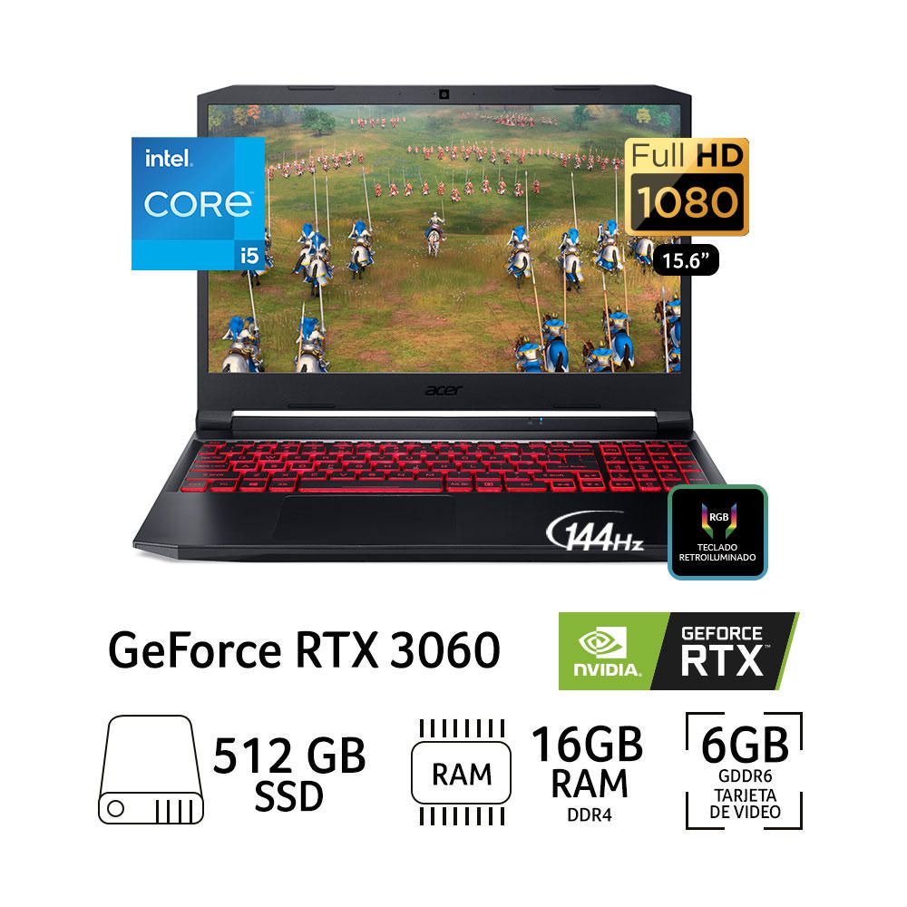 Laptop Gamer Acer Nitro 5 AN515-57-501B Intel Core i5 16GB RAM 512GB SSD 15.6" RTX 3060