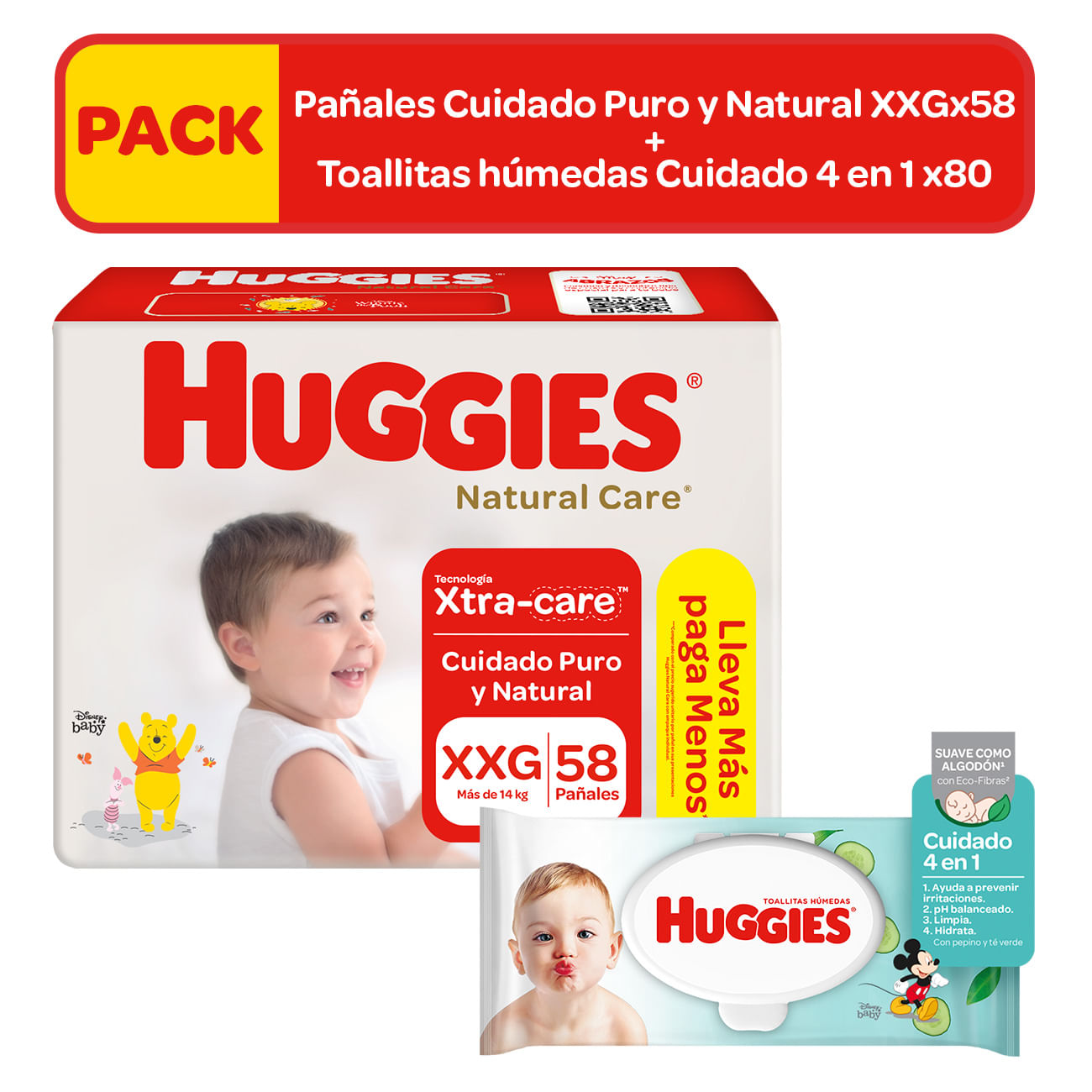 Pack HUGGIES Pañales Bebé Natural Care Talla XXG Paquete 58un + Toallitas Húmedas Bebé One & Done 80un