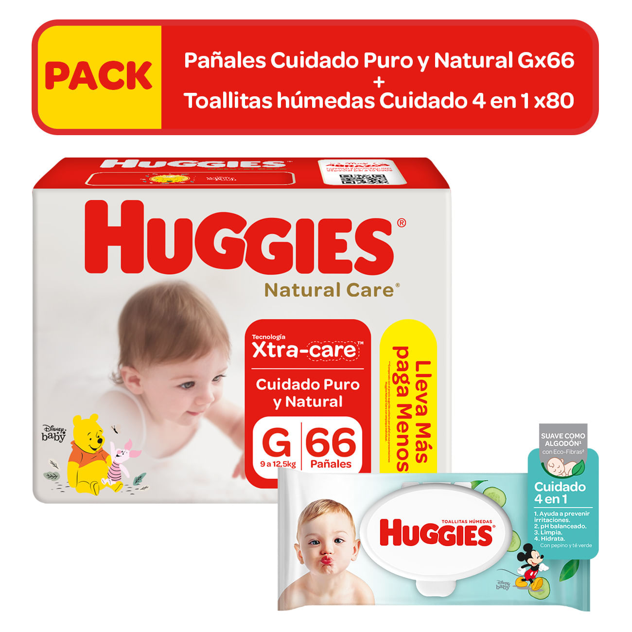 Pack HUGGIES Pañales Bebé Natural Care Talla G Paquete 66un + Toallitas Húmedas Bebé One & Done 80un