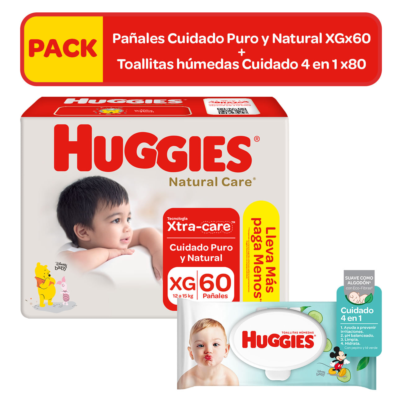 Pack HUGGIES Pañales Bebé Natural Care Talla XG Paquete 60un + Toallitas Húmedas Bebé One & Done 80un