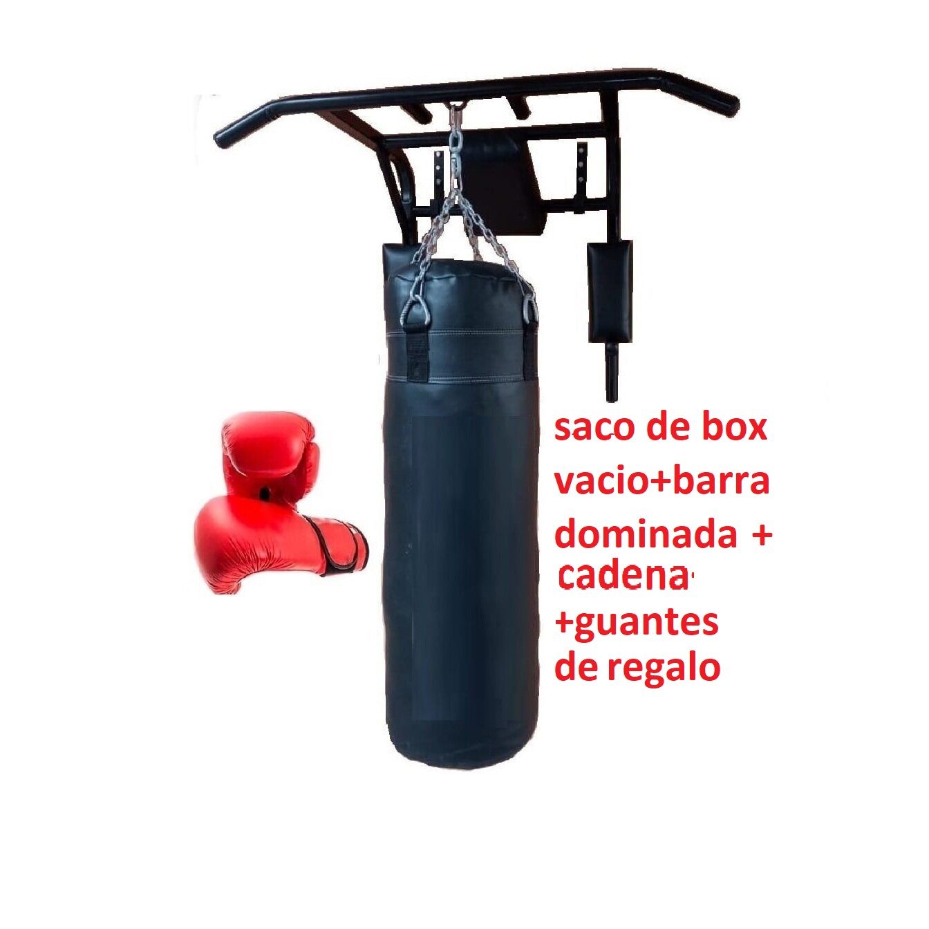 Barra Dominada con Saco de Boxeo Vacio de 100 CM. con Guantes y Cadena