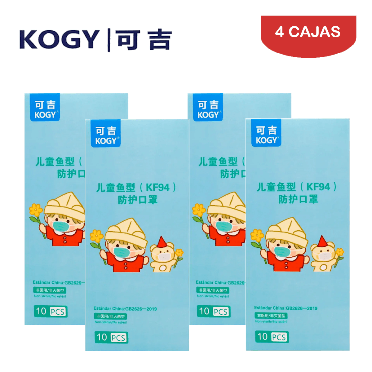 Mascarilla KF94 Kogy Fish Shape 3D NIÑOS·NIÑAS Blanco Caja*10und Pack 4 Cajas