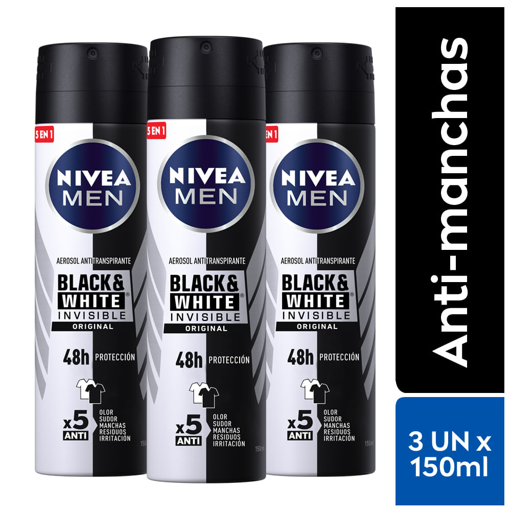 Pack Desodorante en Aerosol para Hombre NIVEA Invisible for Black & White 150ml Frasco 3un