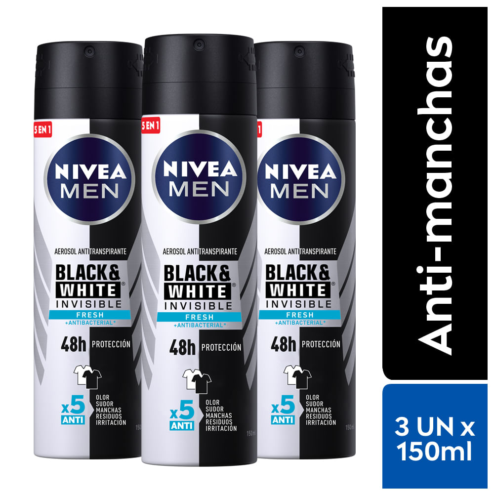 Pack Desodorante en Aerosol para Hombre NIVEA Invisible For Black & White 48h 150ml Frasco 3un