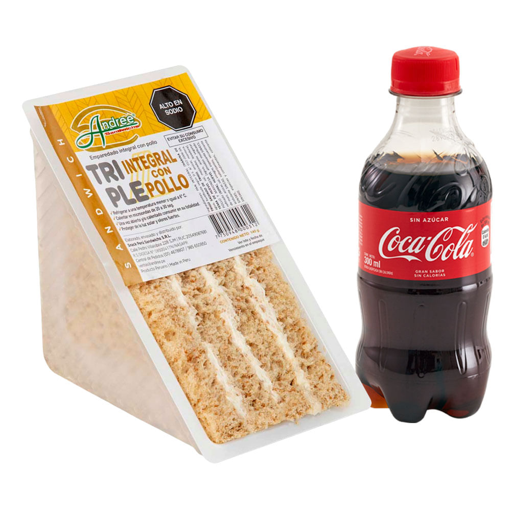 Pack Triple Pollo en Pan Integral + Gaseosa COCA COLA Sin Azúcar Botella 300ml