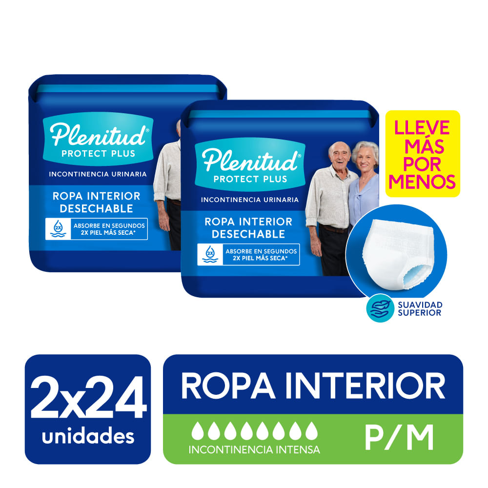 Pack PLENITUD Pañal Adulto Protect Plus Incontinencia Intensa Talla P/M Paquete 24un Pack 2un
