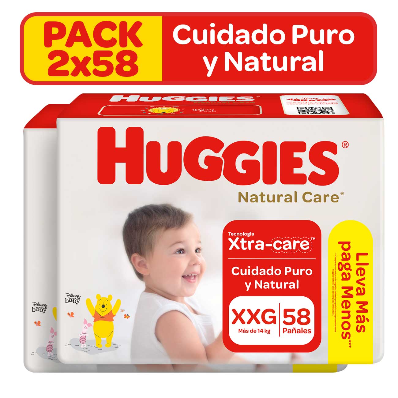 Pack Pañales para Bebé HUGGIES Natural Care Talla XXG Paquete 58un x 2un