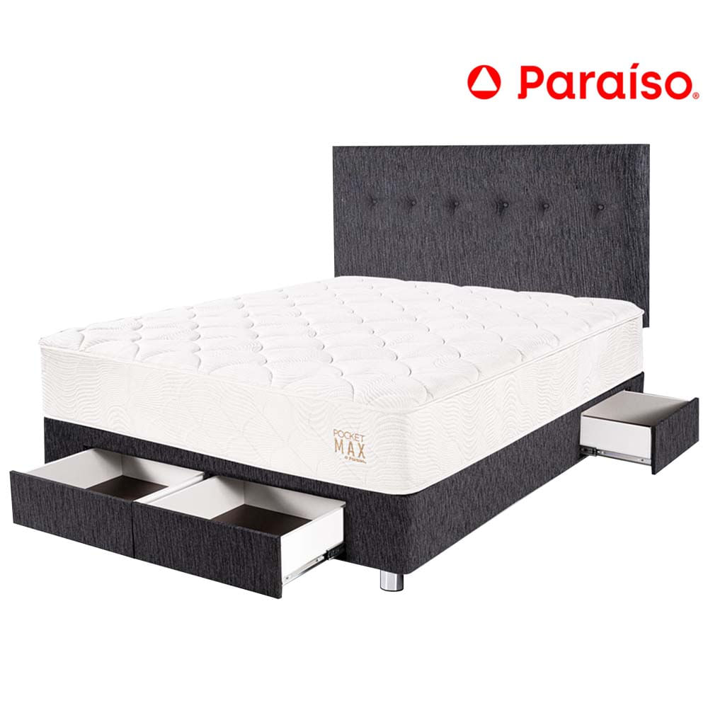 Dormitorio 4 Cajones PARAISO Pocket Max Charcoal 2 Plz + 2 Almohadas + Protector