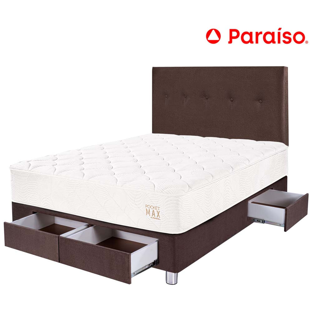 Dormitorio 4 Cajones PARAISO Pocket Max Chocolate 2 Plz + 2 Almohadas + Protector