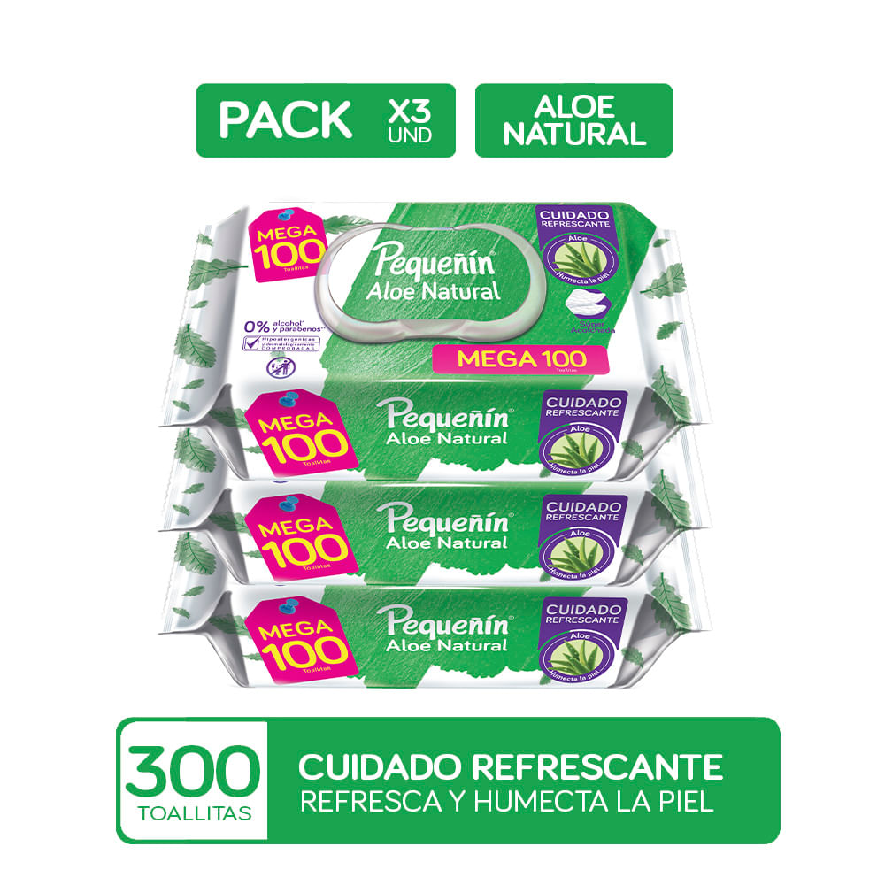 Pack Toallitas Húmedas para Bebé PEQUEÑÍN Aloe Natural 100un Paquete x3