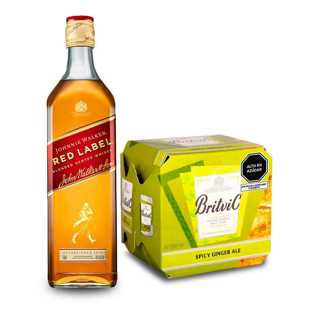 Pack Whisky JOHNNIE WALKER Red Label Botella 750ml + Ginger Ale BRITVIC Paquete 4un Lata 150ml