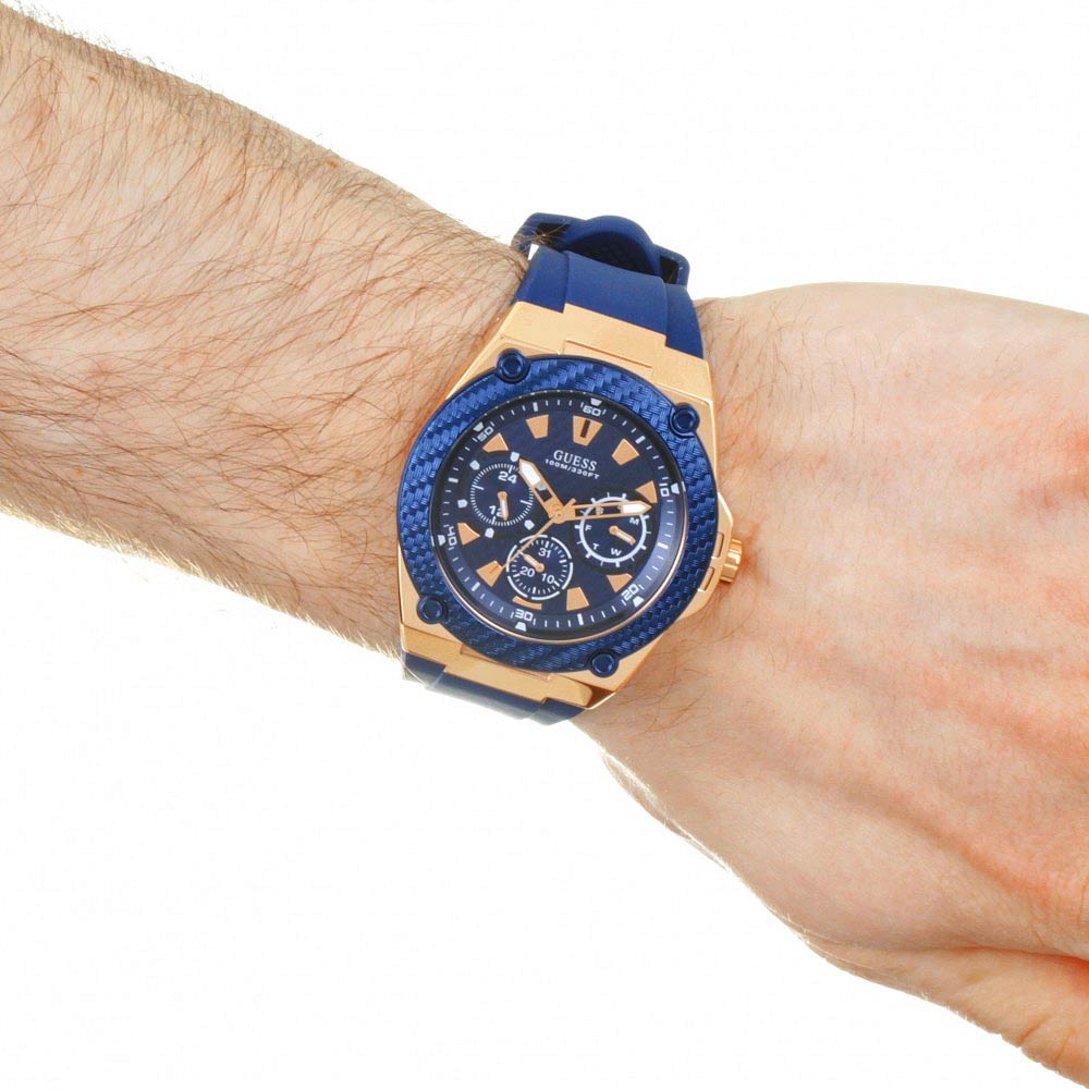 Reloj Guess Legacy W1049G2 Multifuncional para Hombre Correa de Silicona Azul Oro Rosado
