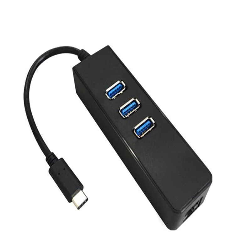 Adaptador USB 3.1 Tipo C a Rj45 USB LAN Ethernet + Hub 3 Puertos Negro