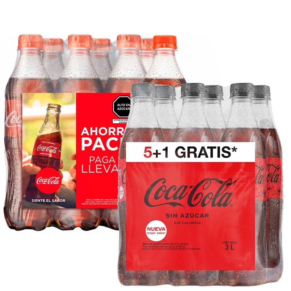 Pack COCA COLA Gaseosa Sin Azúcar 6 Pack Botella 500ml + Gaseosa Paquete 6un Botella 500ml