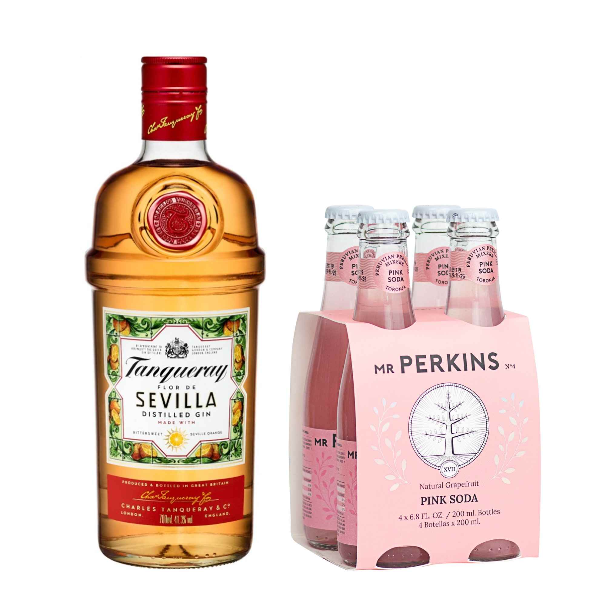 Pack Gin TANQUERAY Sevilla Botella 700ml + Gaseosa MR PERKINS Soda Pink Botella 200ml 4 Pack