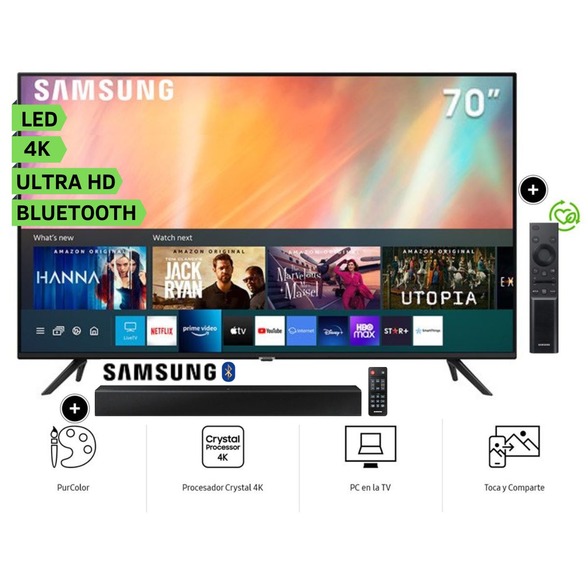 Televisor Samsung LED Smart TV Crystal Ultra HD 4K 70" UN70AU7000GXPE mas SOUNDBAR