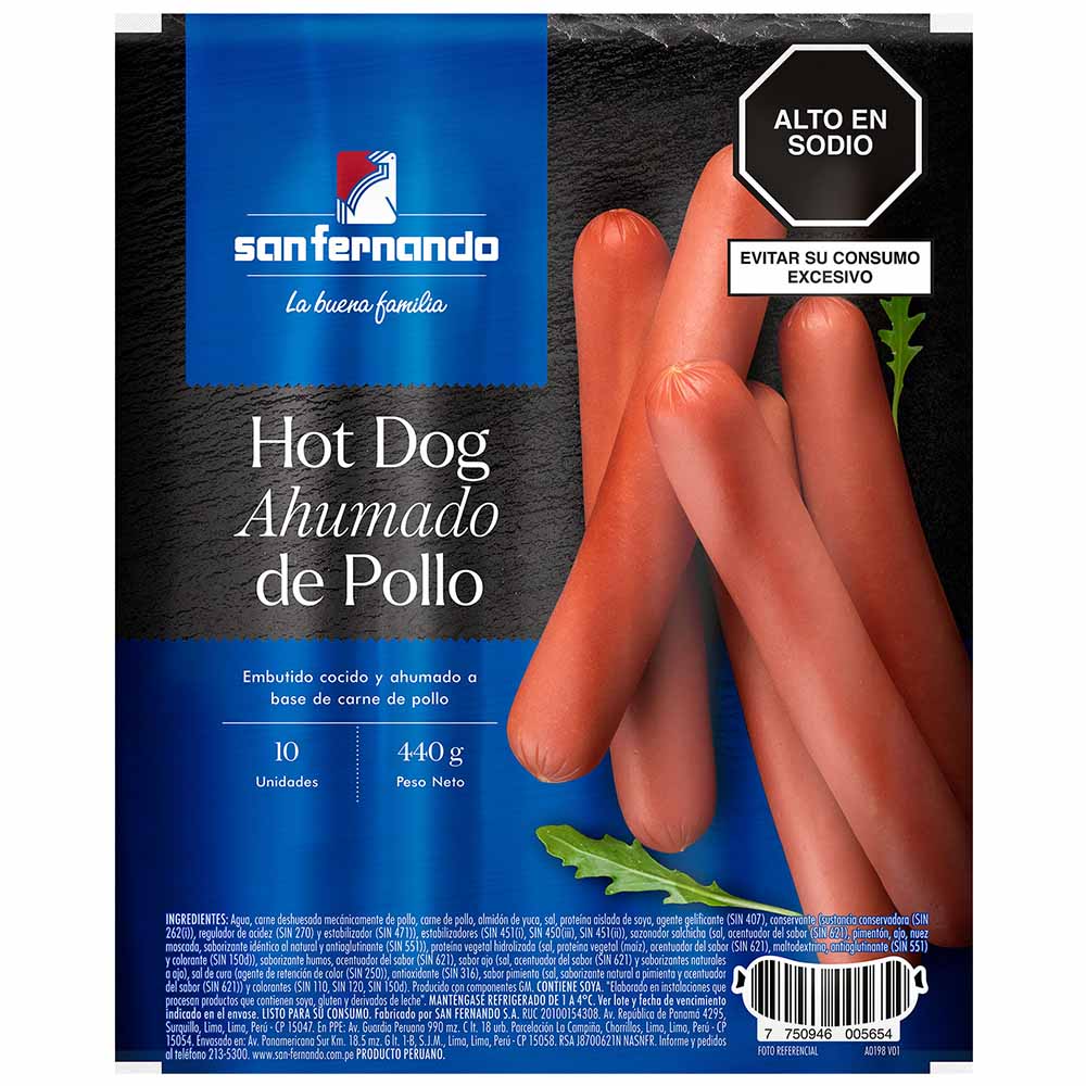 Hot Dog Ahumado de Pollo SAN FERNANDO Paquete 440g