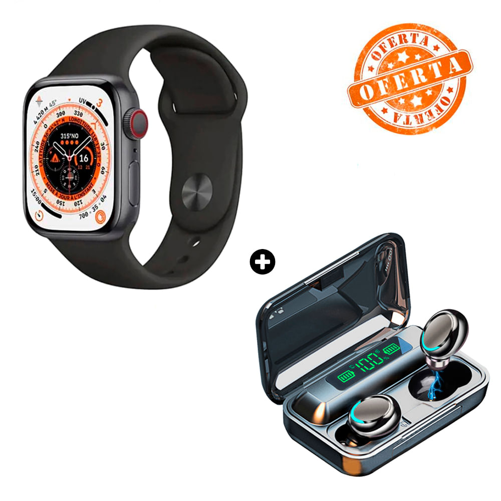 Pack Premium Smartwatch Serie 8 T900 Pro Max Negro + Audífonos Bluetooth F9 Negro