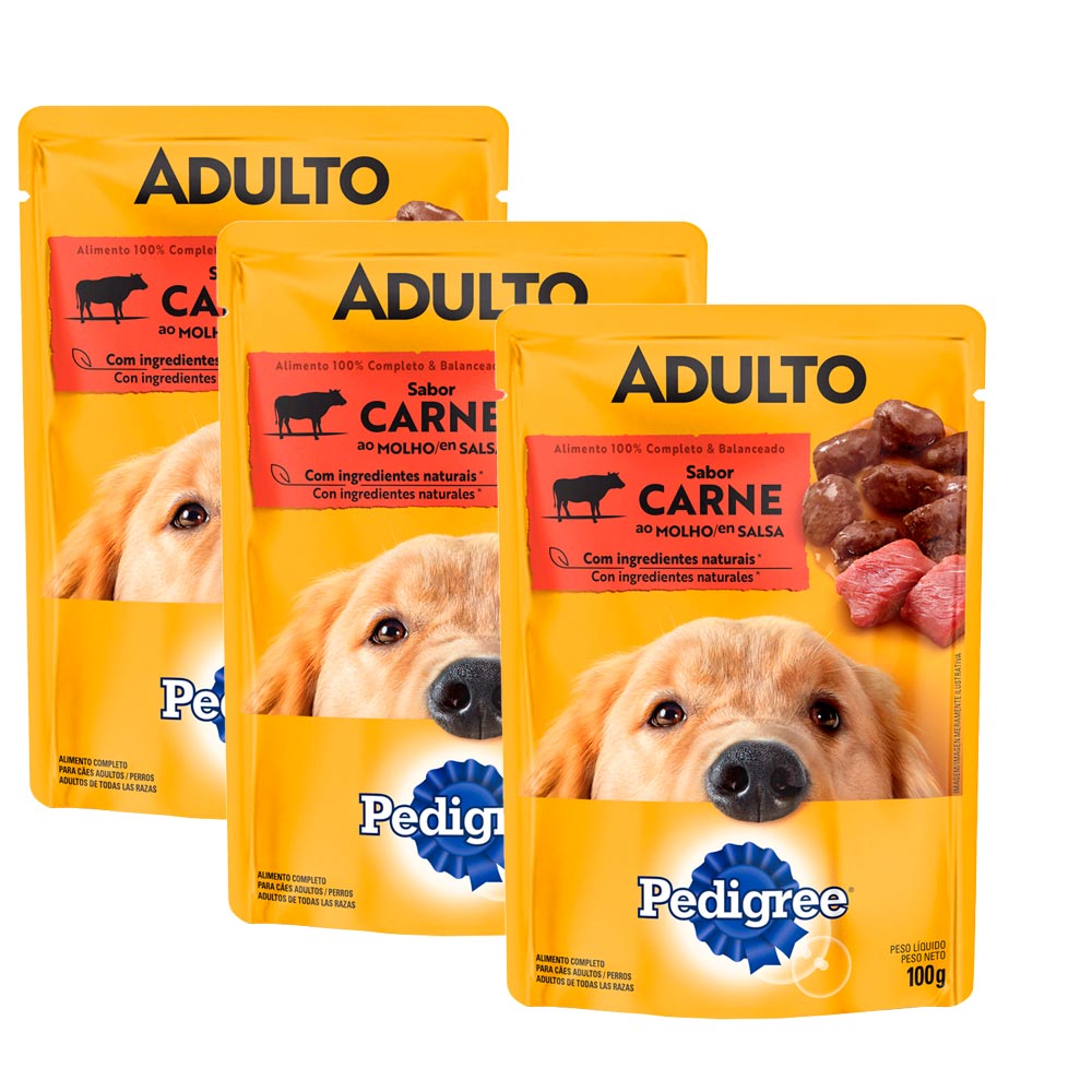 Pack Alimento para Perro Adulto PEDIGREE Pouch de Carne 100g Bolsa 3un