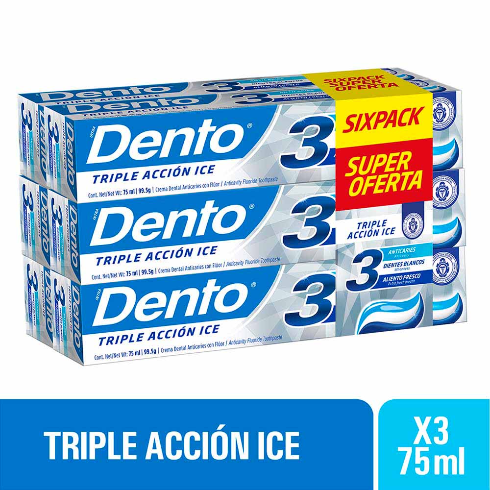 Pasta Dental DENTO Triple Ice Tubo 75ml Paquete 6un