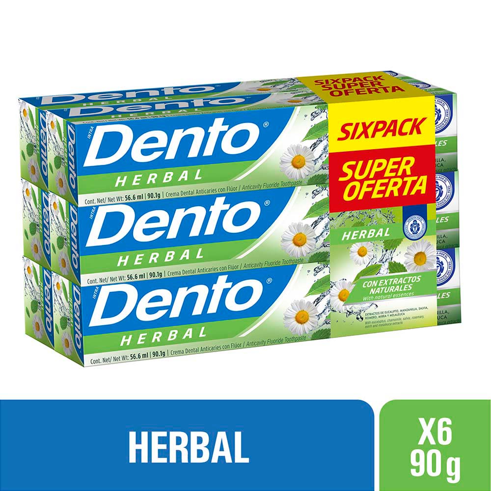 Pasta Dental DENTO Herbal Tubo 90g Paquete 6un