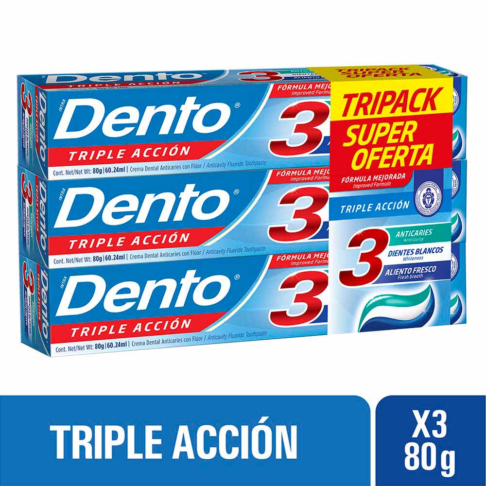 Pasta Dental DENTO Triple Acción Tubo 80g Caja 3un