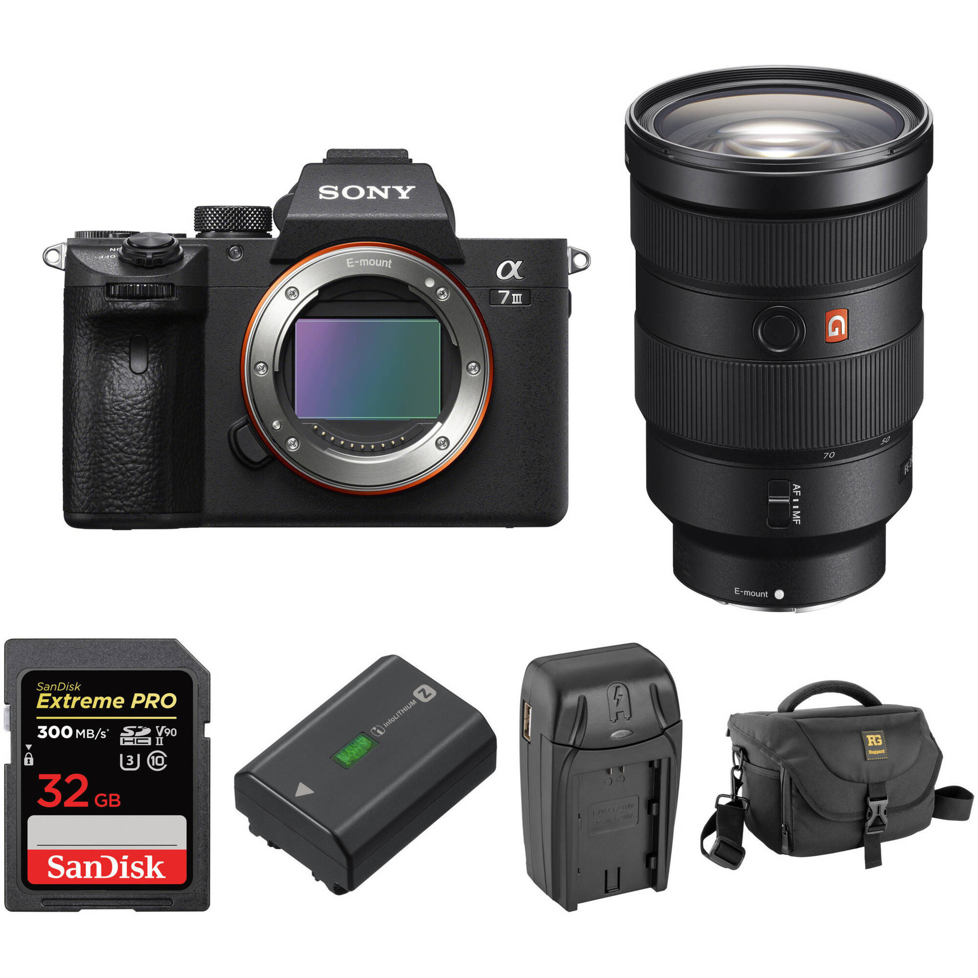 Cámara sin espejo Sony a7 III con lente de 24-70 mm f/2.8 y kit de accesorios