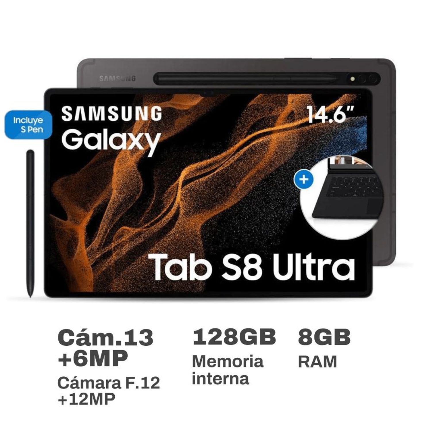 Galaxy Tab S8 + Keyboard Cover SM-X900NZAVPEO 8GB RAM 128 GB Ultra Grafito