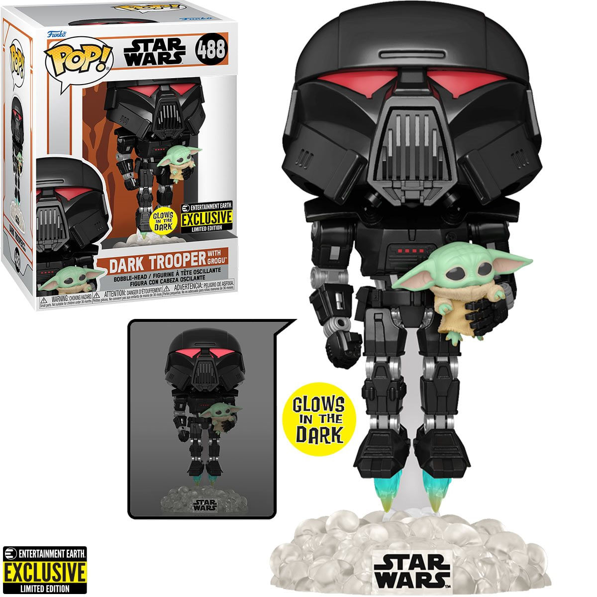 Funko Pop! Star Wars The Mandalorian: Dark Trooper con Grogu EE Exclusive GITD #488