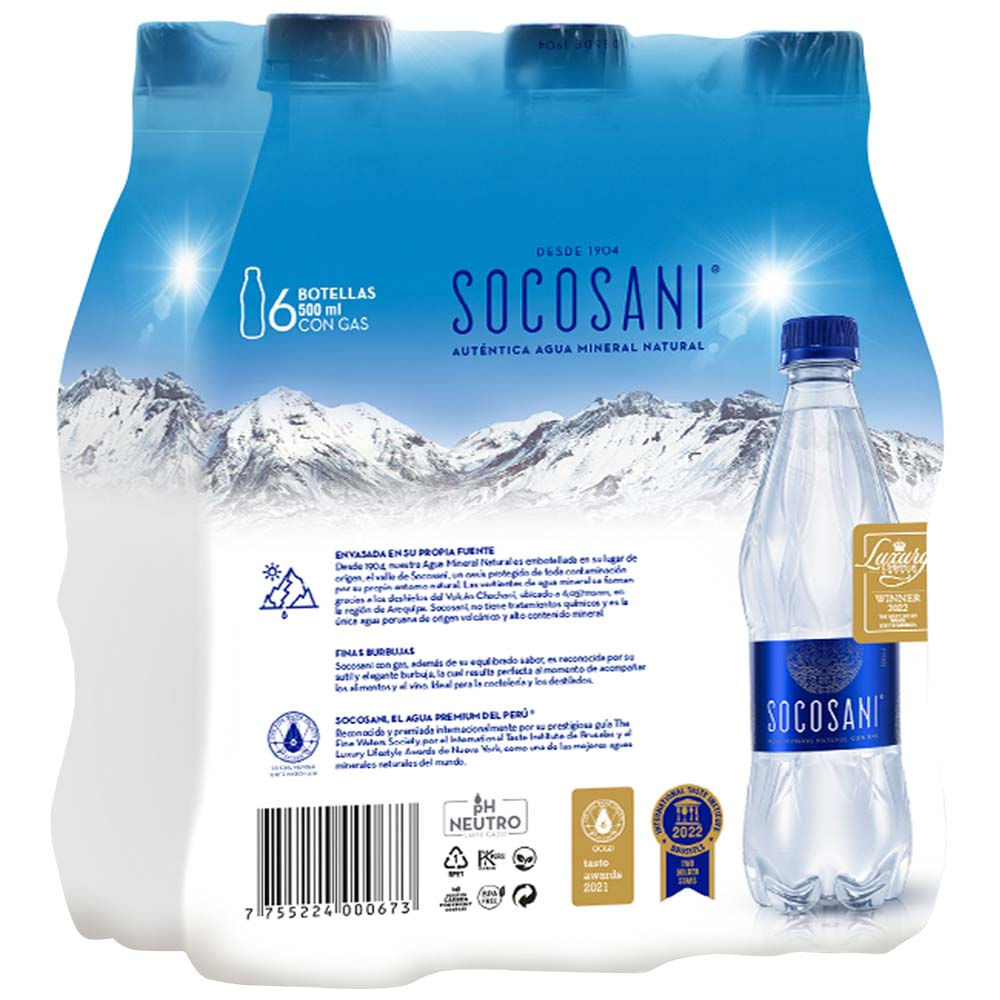 Agua Mineral con Gas SOCOSANI Botella 500ml Paquete 6un