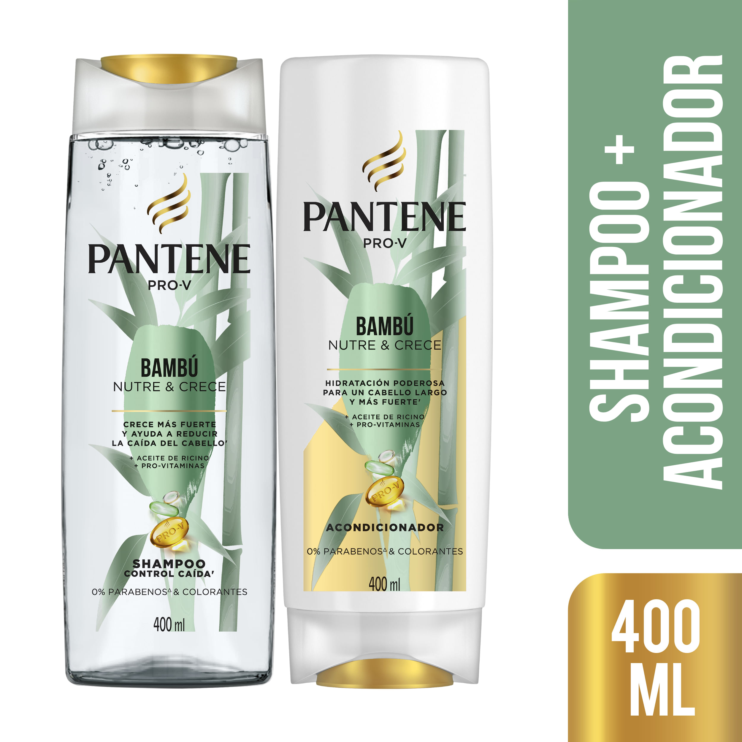 Pack PANTENE Shampoo Bambú Nutre y Crece Frasco 400ml + Acondicionador Bambú Frasco 400ml