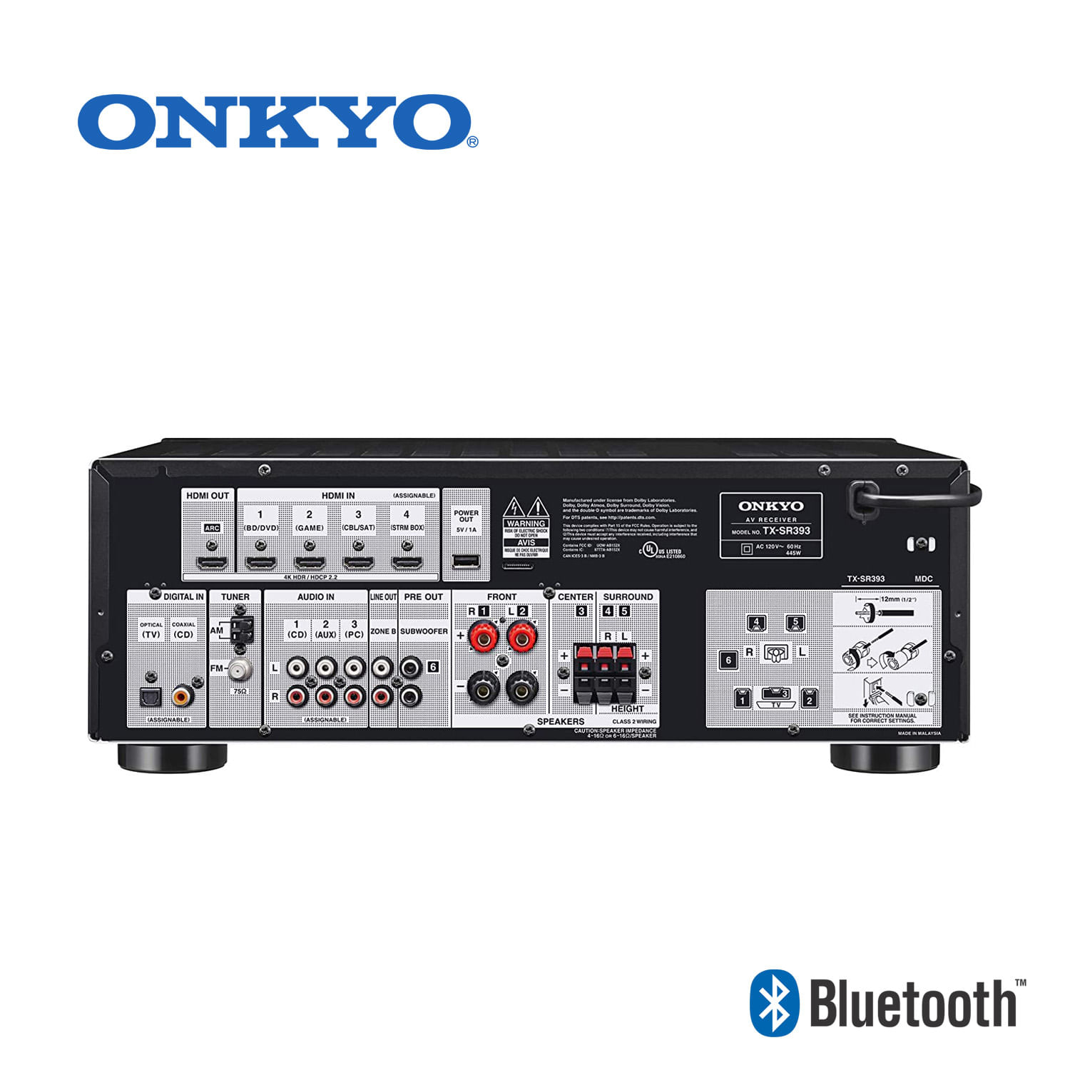 Amplificador Onkyo TX-SR393 Receptor AV 5.2 Canales 4k C/bluetooth Version USA-Negro