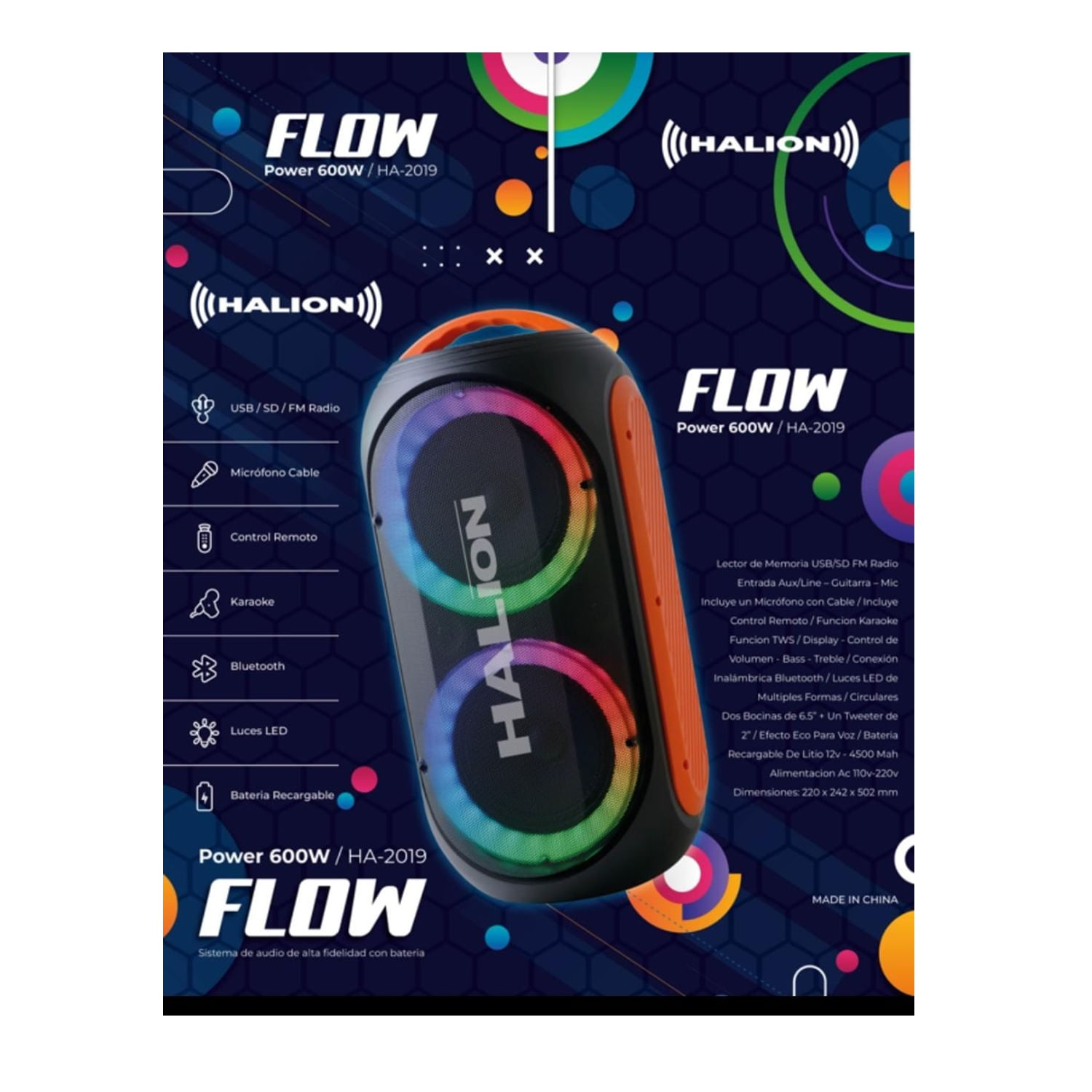 Parlante Halion HA 2019 FLOW 600W USB SD FM Luces LED con Micrófono