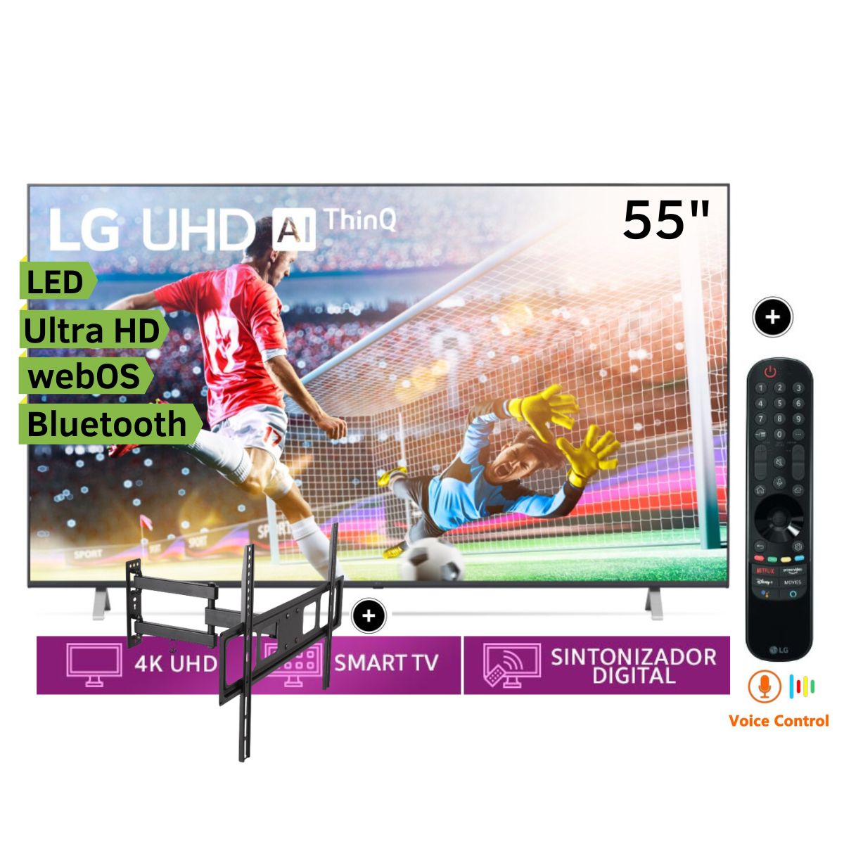 Televisor LG LED Smart Tv Ultra HD 4K ThinQ AI 55" 55UP7760PSB + Rack