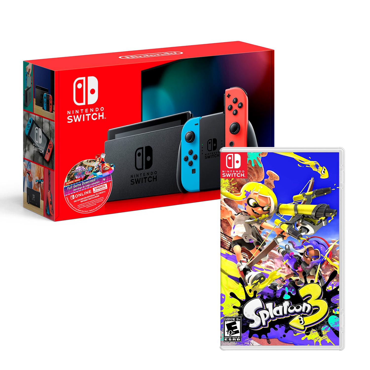 Consola Nintendo Switch 2019 Neon Bat Extendida Bundle Mario Kart 8 +Splatoon 3