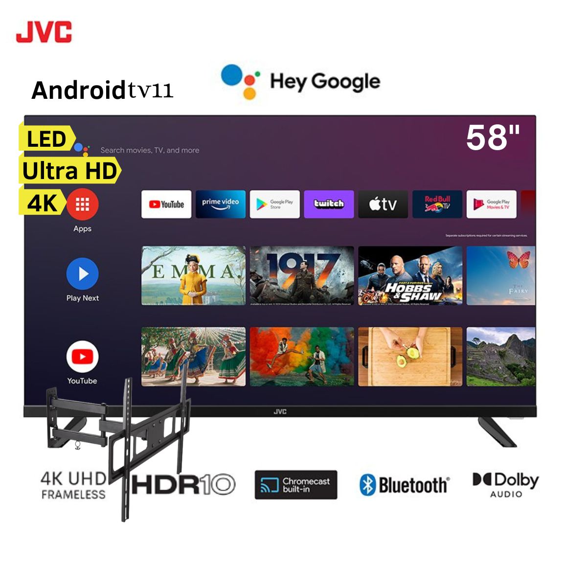 Televisor JVC 58" LED Smart TV Ultra HD 4K Frameless AndroidTv11 LT-58KB527 + Rack