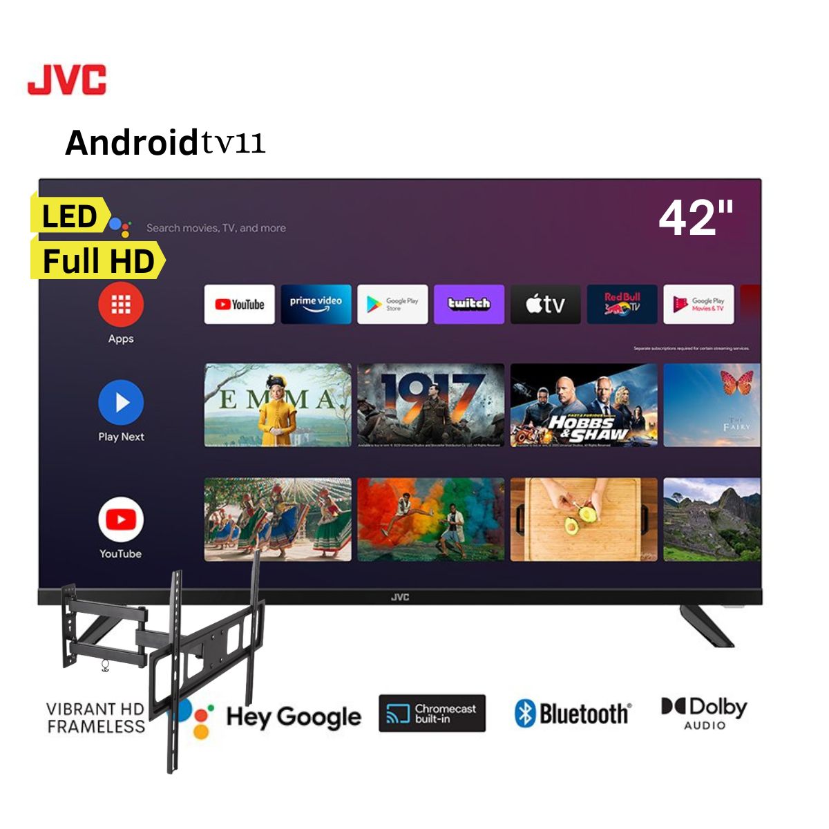 Televisor JVC 42" LED Smart TV Full HD Frameless AndroidTv11 LT-42KB327 + Rack