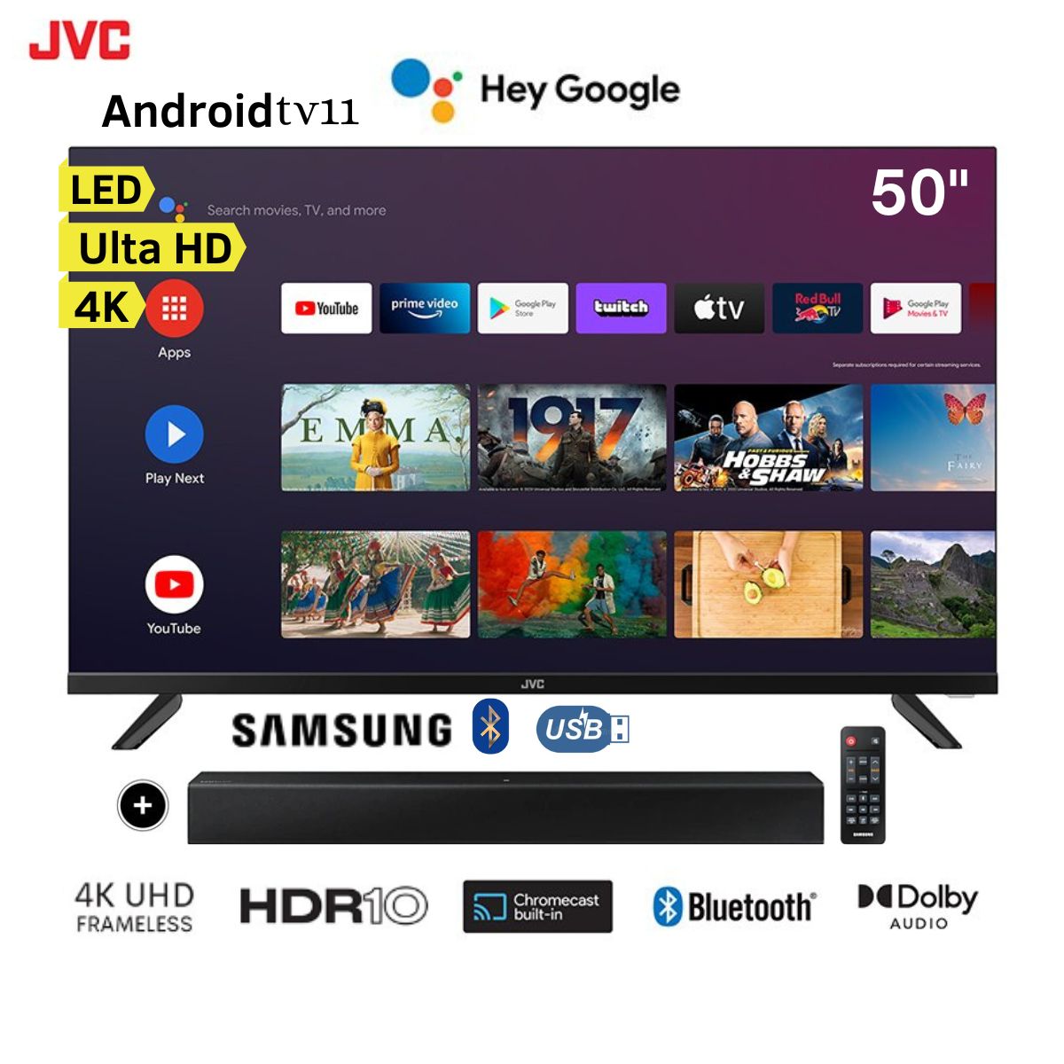 Televisor JVC LED Smart TV 50" Ultra HD 4K Frameless AndroidTv11 LT-50KB527 + Soundbar