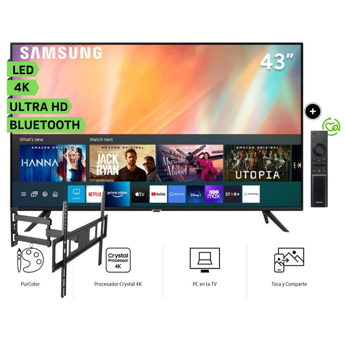 Televisor Samsung LED Smart TV Crystal Ultra HD 4K 43" UN43AU7090GXPE + Rack