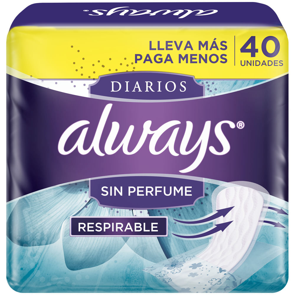 Protectores Diarios ALWAYS Respirables Sin Perfume Paquete 40un