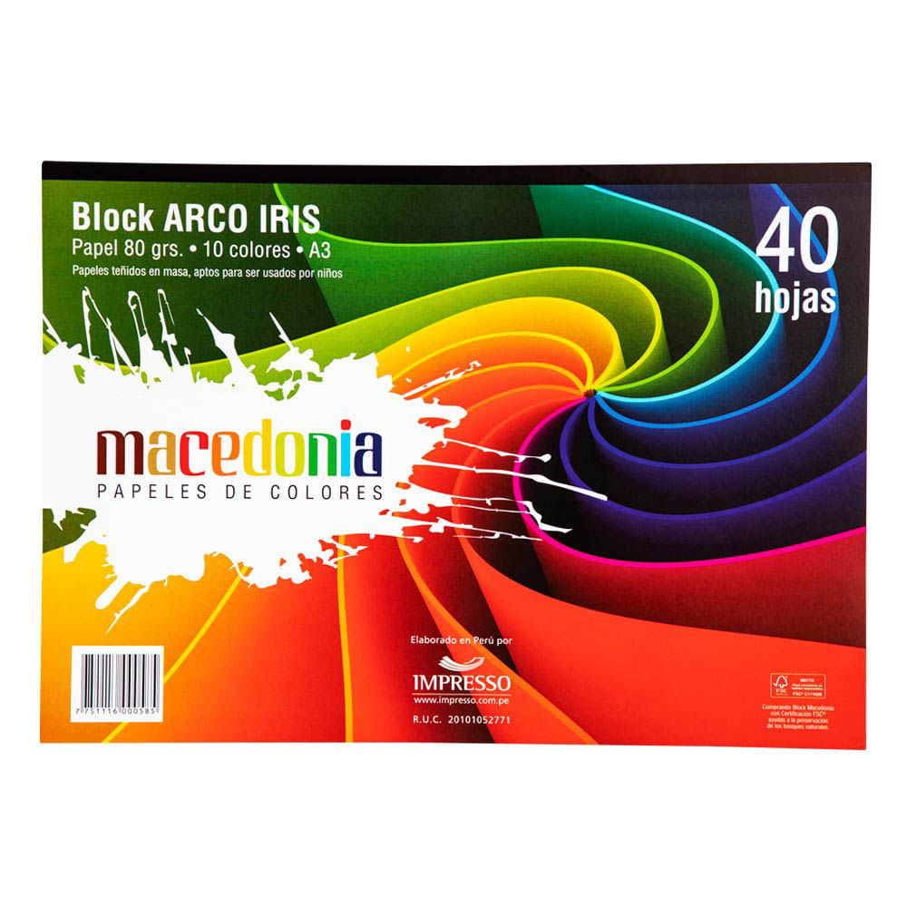 Papeles de Colores MACEDONIA Arco Iris A3 Block 40 Hojas