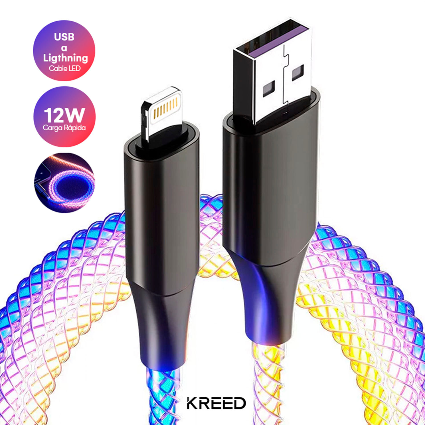 Cable para iPhone USB a Lightning – RGB 12 W Carga Rápida