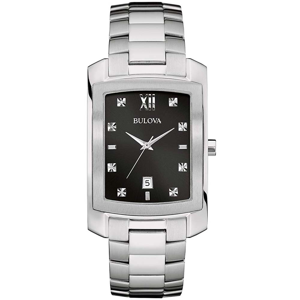 Reloj Bulova Diamond 96D125 Para Hombre De Lujo Fecha Acero Inoxidable Plateado Negro