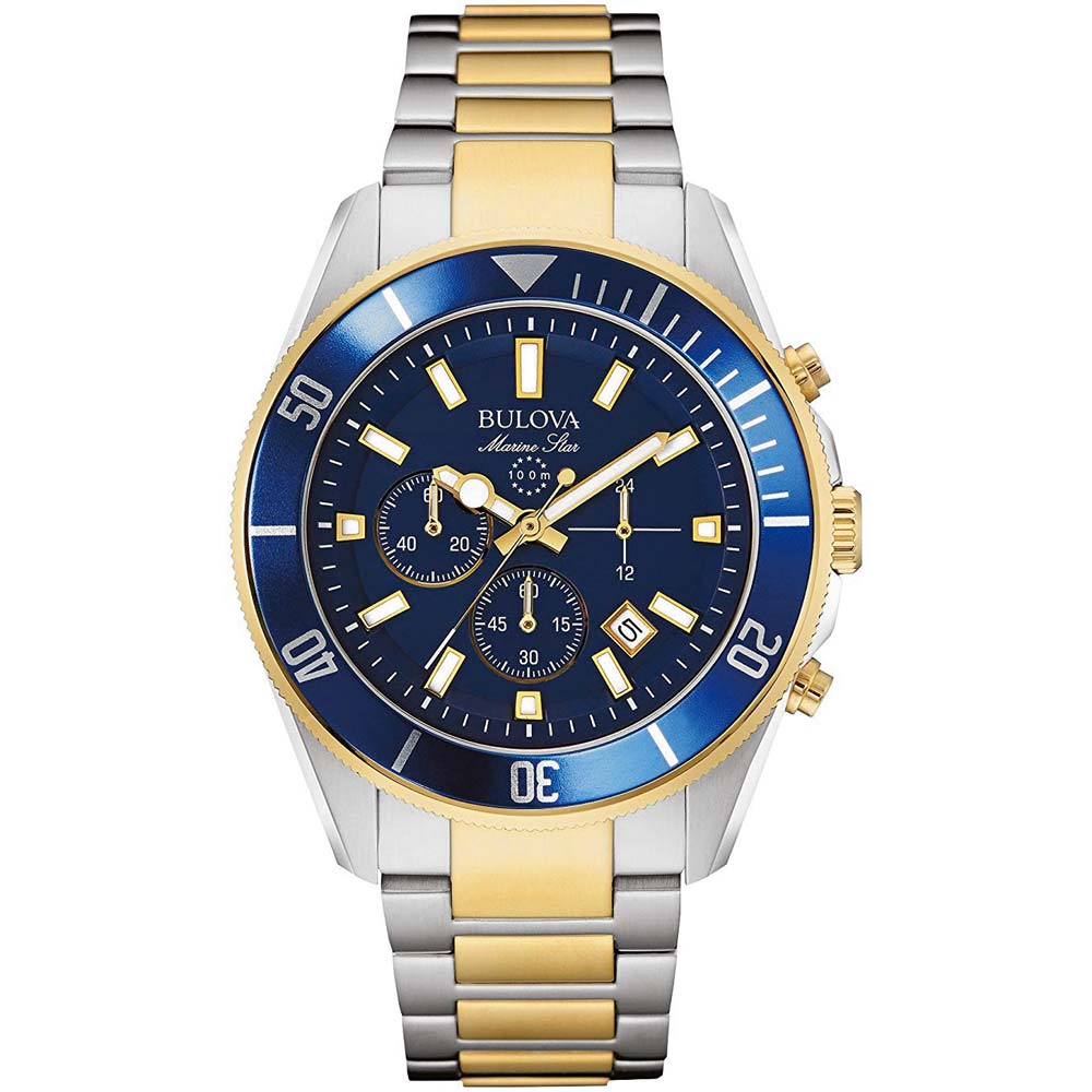 Reloj Bulova Marine Star 98B230 Para Hombre Fecha Cronómetro Plateado Dorado Azul