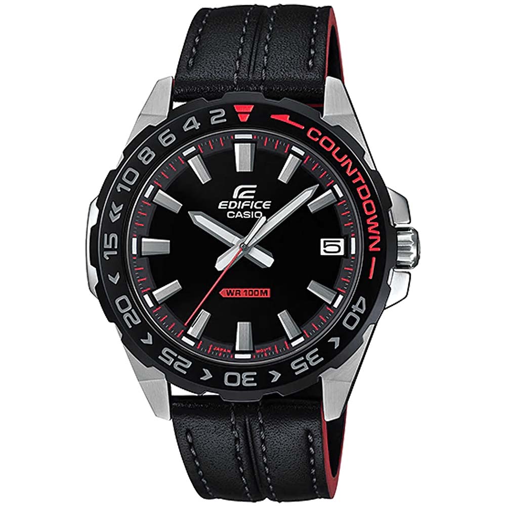 Reloj Casio Edifice EFV-120BL-1AV Para Hombre Con Número de Serie Fecha Correa de Cuero Negro Rojo