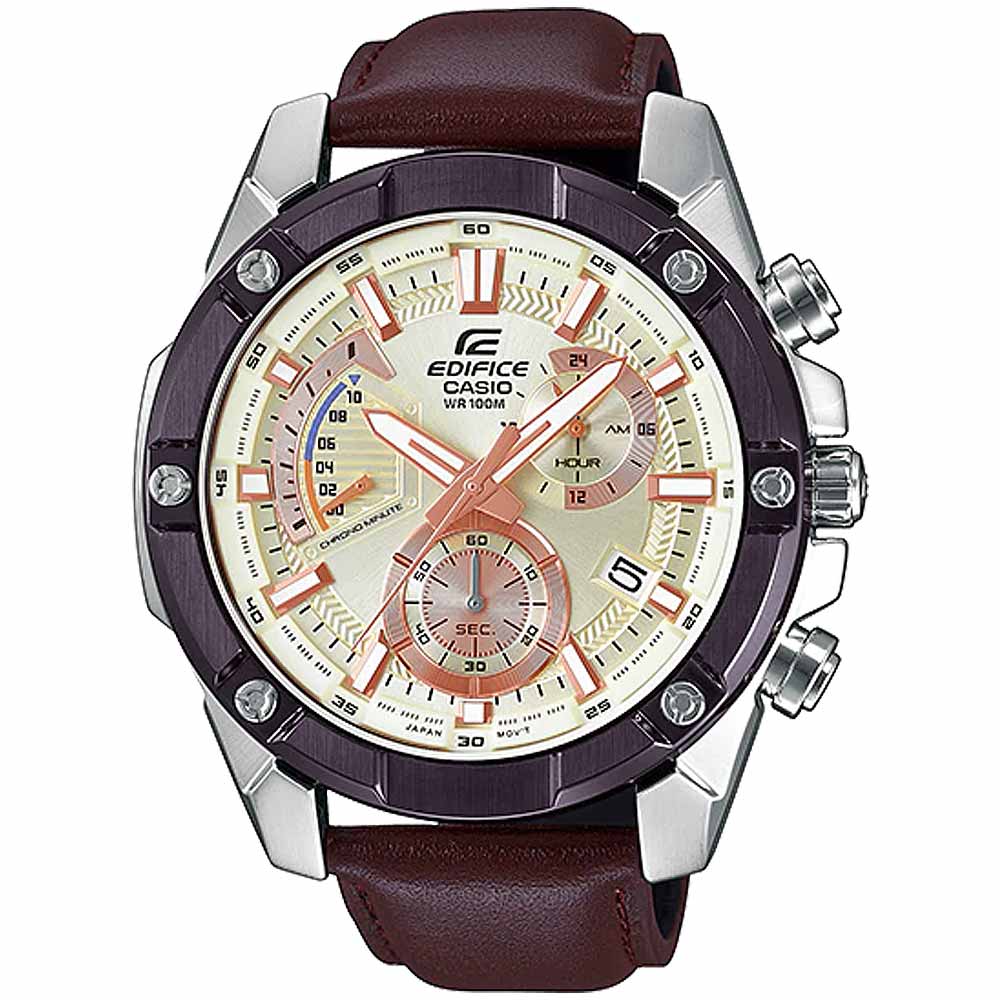 Reloj Casio Edifice EFR-559BL-7AV Para Hombre Cronómetro Correa de Cuero Marrón Marfil