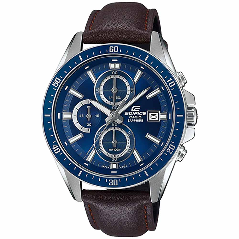Reloj Casio Edifice Zafiro EFR-S565L-2AV Para Hombre Cronómetro Correa de Cuero Marrón Azul
