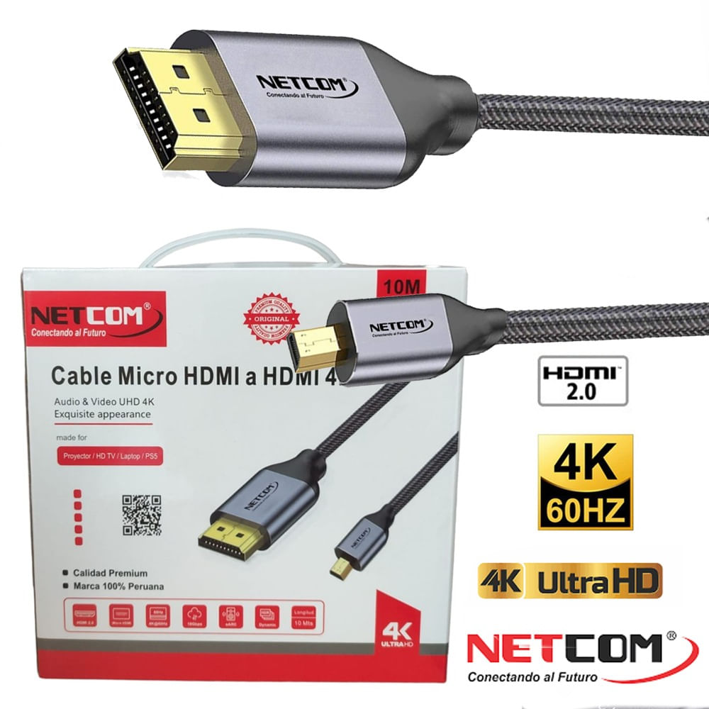 Cable Micro Hdmi a Hdmi 10 Metros NETCOM 2.0 4K 60 Hz ULTRA HD eARC